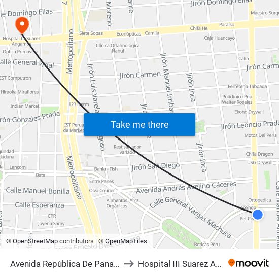 Avenida República De Panamá, 5734 to Hospital III Suarez Angamos map