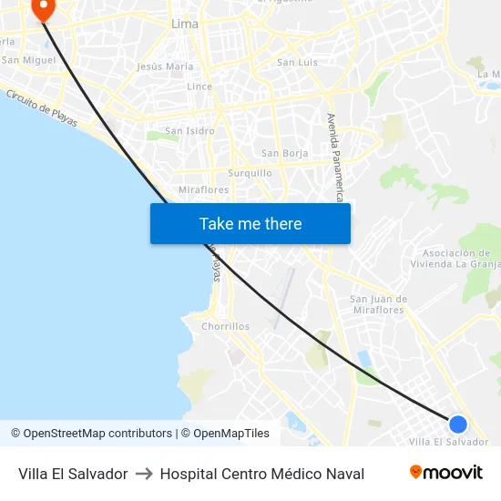 Villa El Salvador to Hospital Centro Médico Naval map