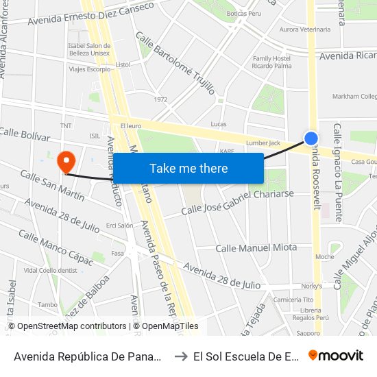 Avenida República De Panamá, 6190 to El Sol Escuela De Español map