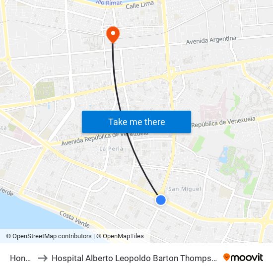 Honda to Hospital Alberto Leopoldo Barton Thompson map