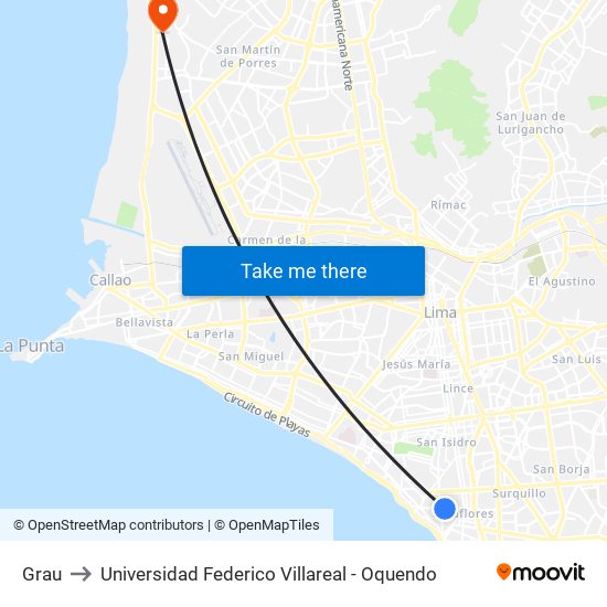 Grau to Universidad Federico Villareal - Oquendo map