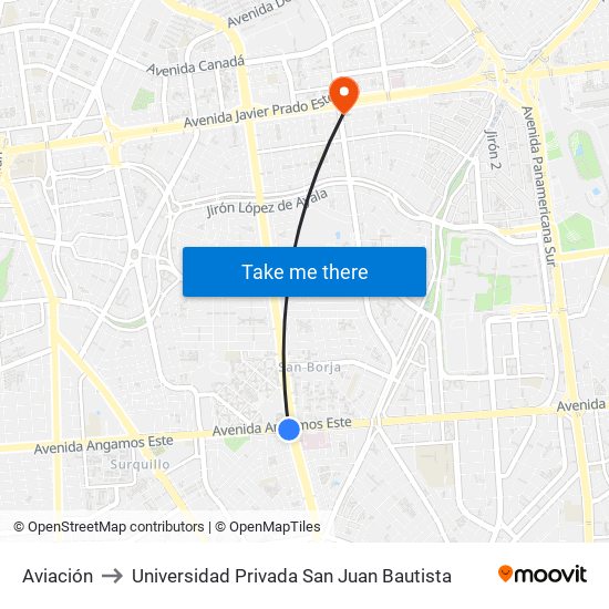 Aviación to Universidad Privada San Juan Bautista map