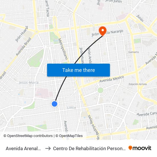 Avenida Arenales 1694 to Centro De Rehabilitación Personal La Victoria map