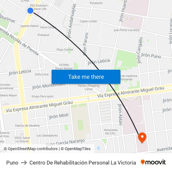 Puno to Centro De Rehabilitación Personal La Victoria map