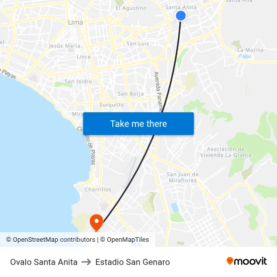 Ovalo Santa Anita to Estadio San Genaro map