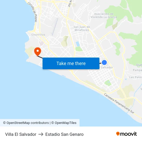 Villa El Salvador to Estadio San Genaro map