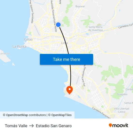 Tomás Valle to Estadio San Genaro map