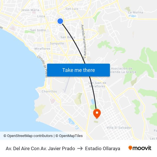 Av. Del Aire Con Av. Javier Prado to Estadio Ollaraya map