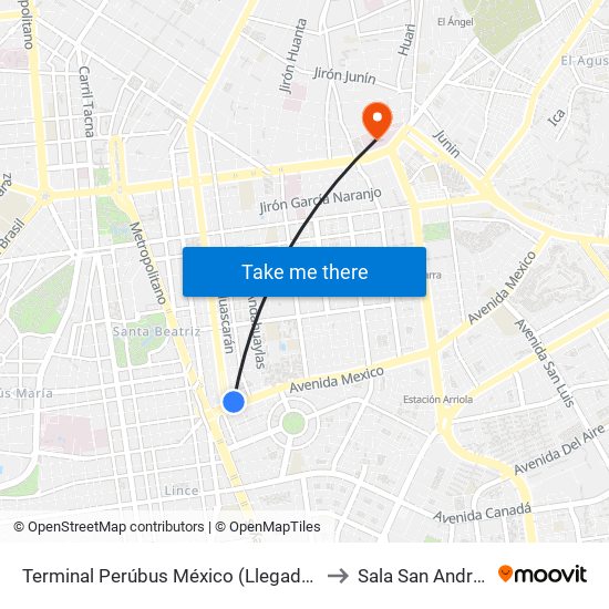 Terminal Perúbus México (Llegadas) to Sala San Andrés map