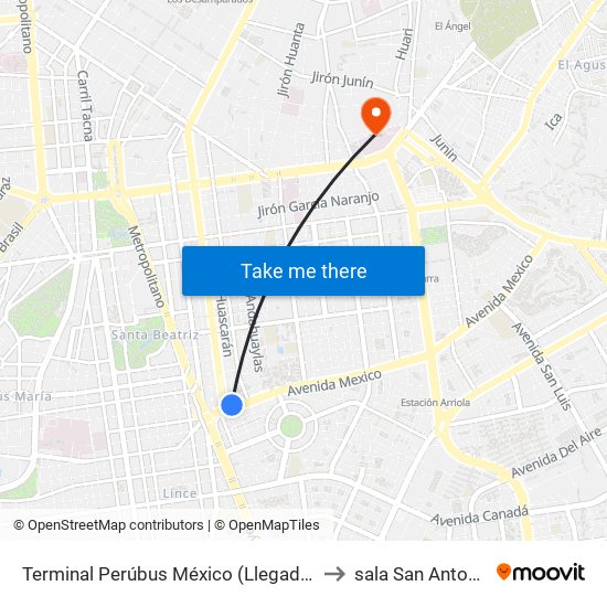 Terminal Perúbus México (Llegadas) to sala San Antonio map