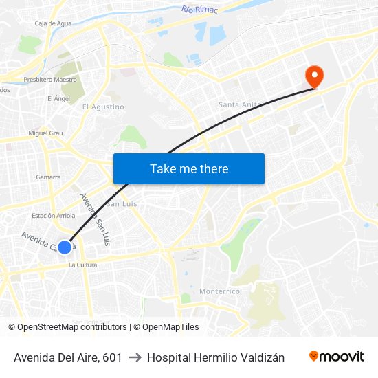 Avenida Del Aire, 601 to Hospital Hermilio Valdizán map