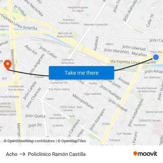 Acho to Policlínico Ramón Castilla map