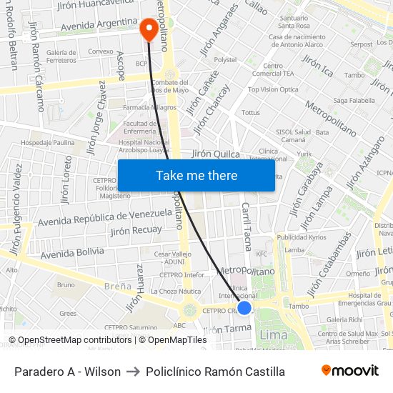 Paradero A - Wilson to Policlínico Ramón Castilla map