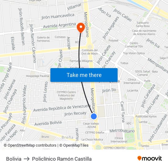 Bolivia to Policlínico Ramón Castilla map