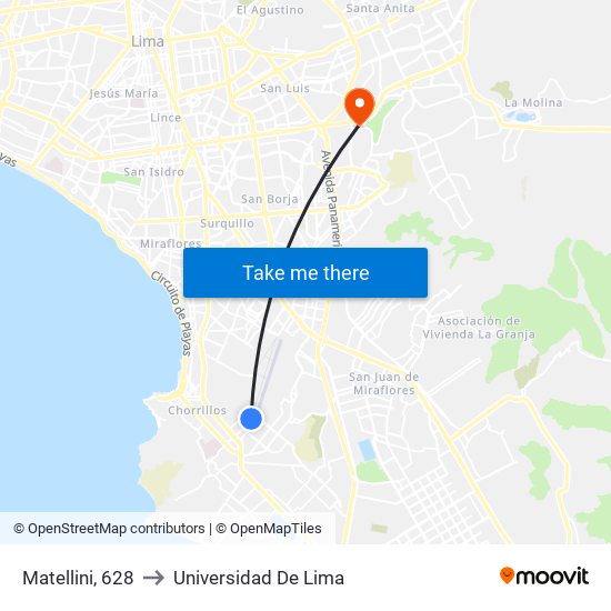 Matellini, 628 to Universidad De Lima map