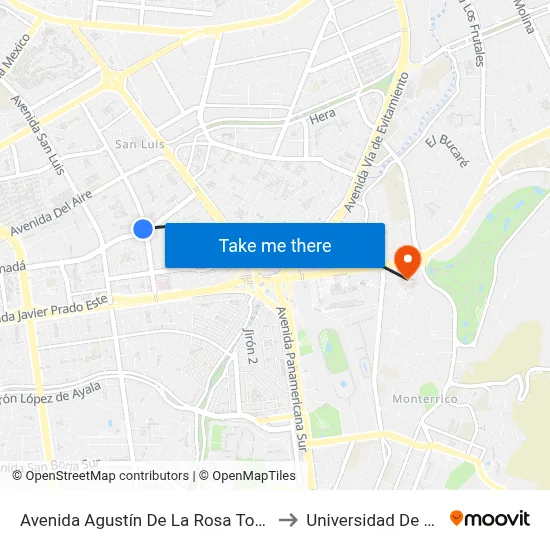 Avenida Agustín De La Rosa Toro, 992 to Universidad De Lima map
