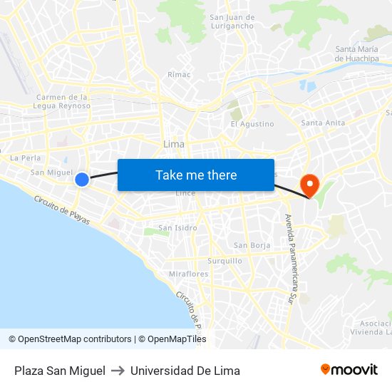 Plaza San Miguel to Universidad De Lima map