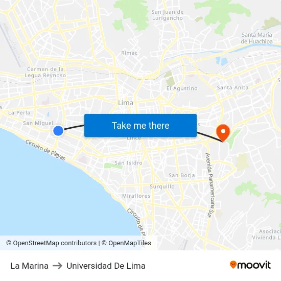 La Marina to Universidad De Lima map
