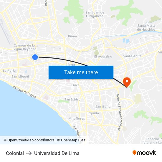 Colonial to Universidad De Lima map