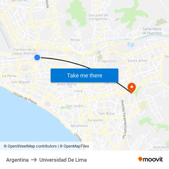 Argentina to Universidad De Lima map