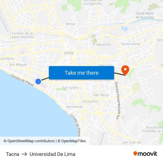 Tacna to Universidad De Lima map