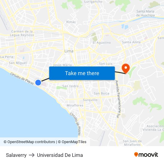 Salaverry to Universidad De Lima map