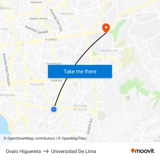 Ovalo Higuereta to Universidad De Lima map
