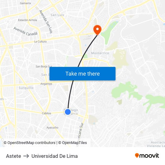 Astete to Universidad De Lima map