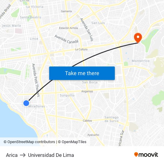 Arica to Universidad De Lima map