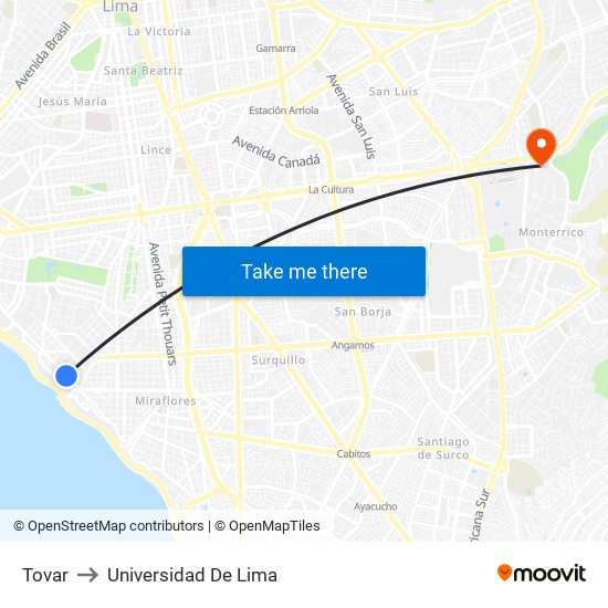 Tovar to Universidad De Lima map