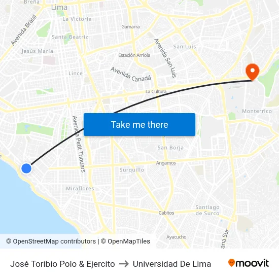 José Toribio Polo & Ejercito to Universidad De Lima map