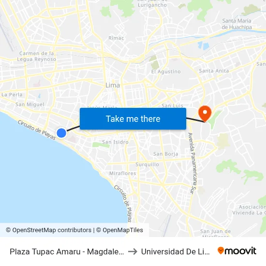 Plaza Tupac Amaru - Magdalena to Universidad De Lima map
