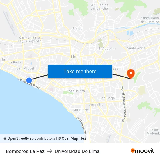 Bomberos La Paz to Universidad De Lima map