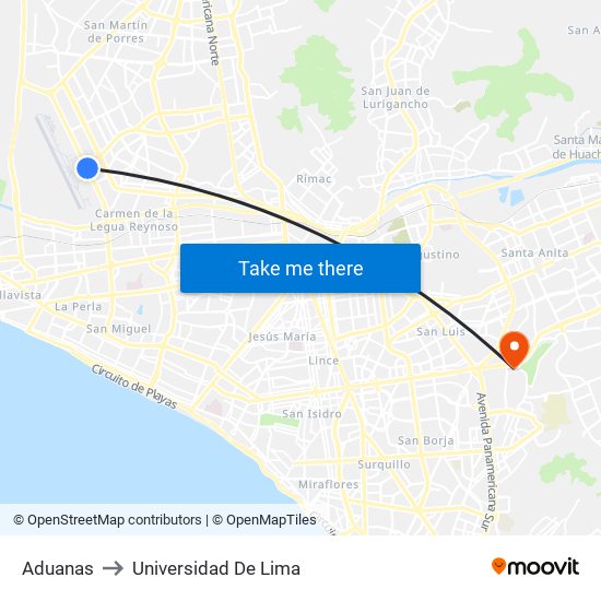 Aduanas to Universidad De Lima map