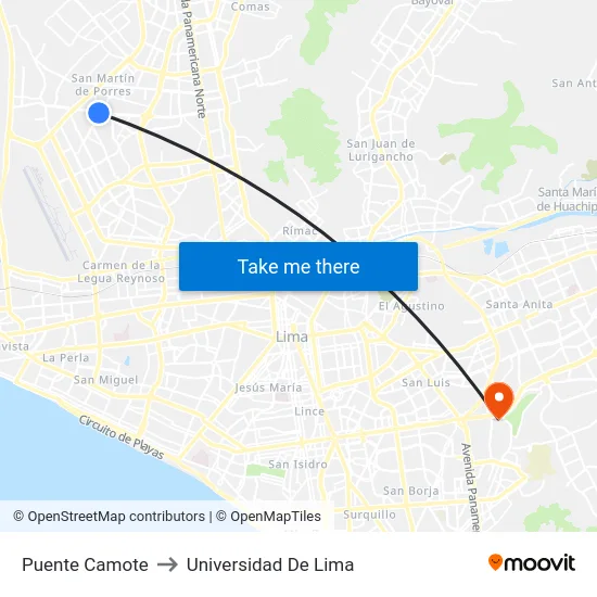 Puente Camote to Universidad De Lima map