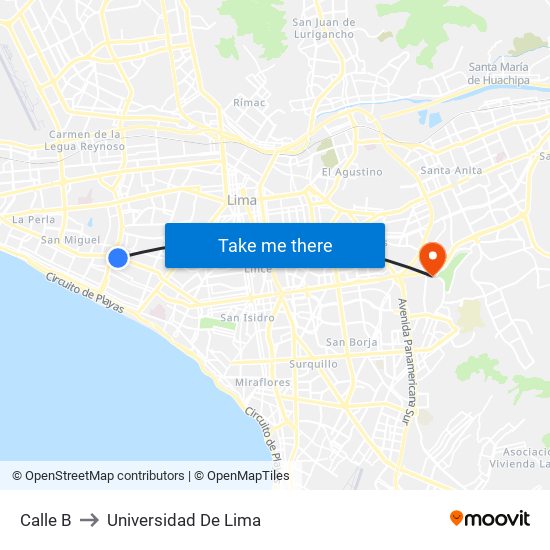 Calle B to Universidad De Lima map