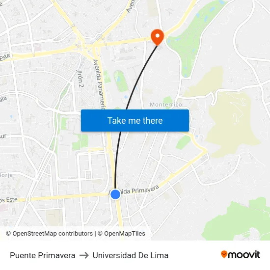Puente Primavera to Universidad De Lima map