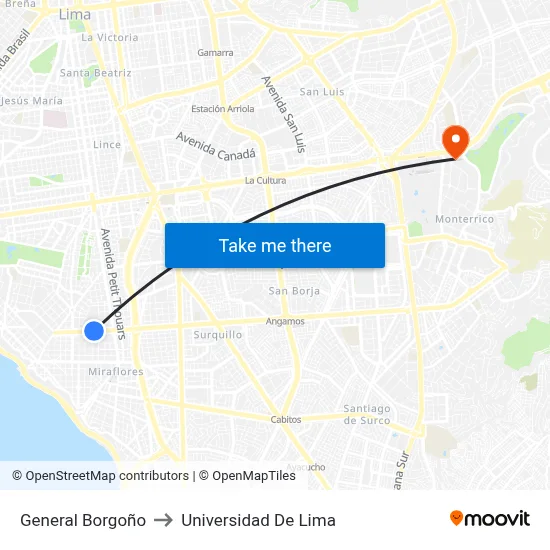 General Borgoño to Universidad De Lima map