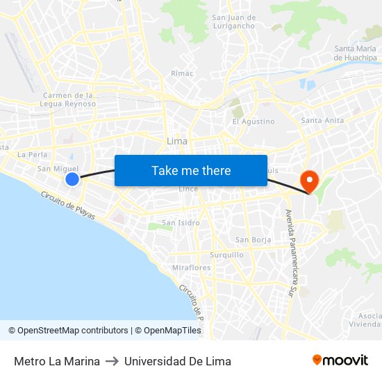 Metro La Marina to Universidad De Lima map