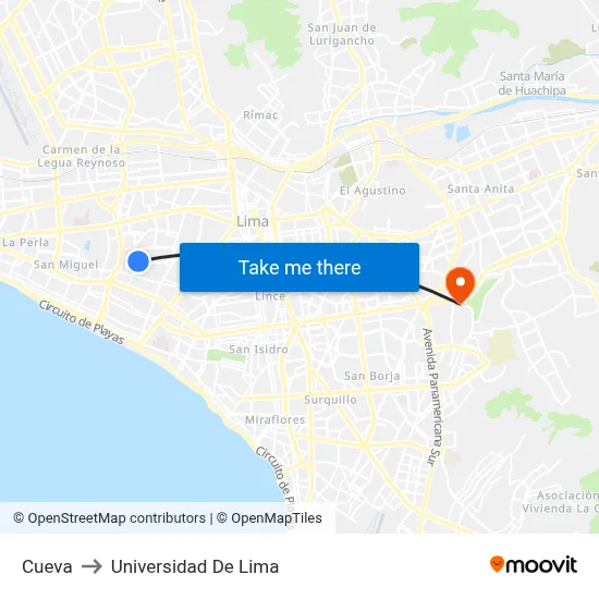 Cueva to Universidad De Lima map