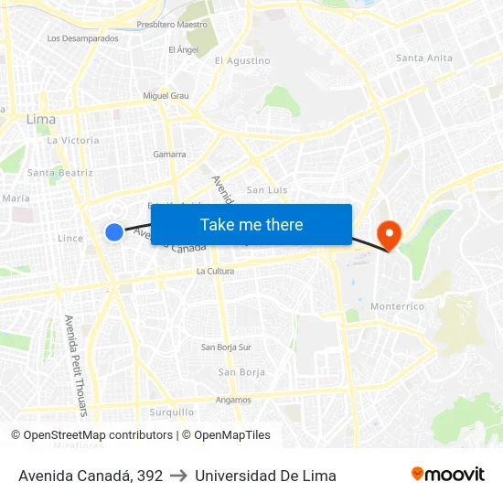 Avenida Canadá, 392 to Universidad De Lima map