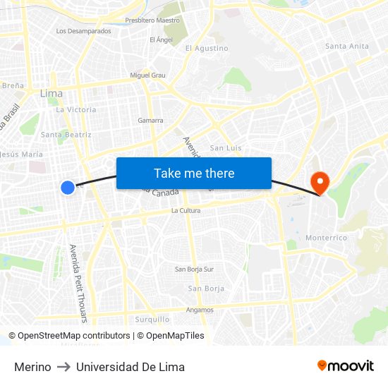 Merino to Universidad De Lima map