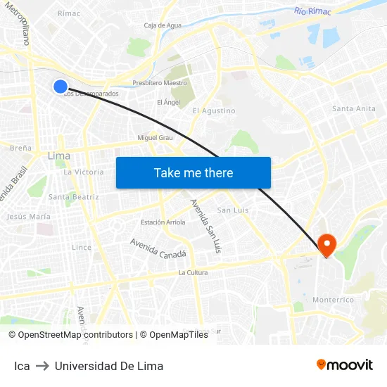 Ica to Universidad De Lima map