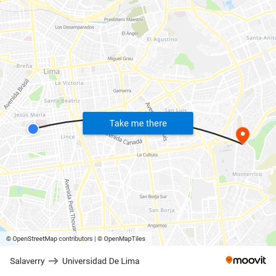 Salaverry to Universidad De Lima map