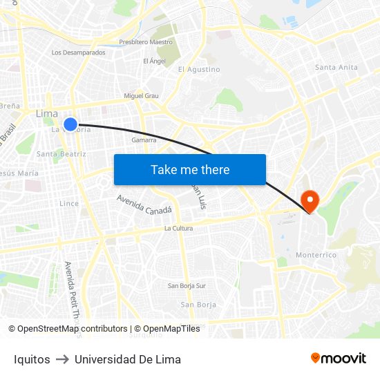 Iquitos to Universidad De Lima map