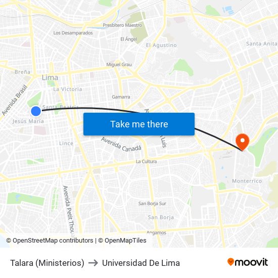 Talara (Ministerios) to Universidad De Lima map