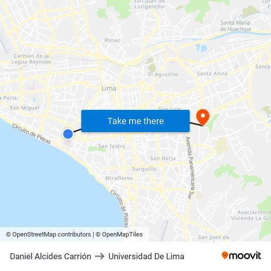 Daniel Alcides Carrión to Universidad De Lima map