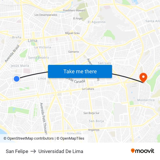 San Felipe to Universidad De Lima map