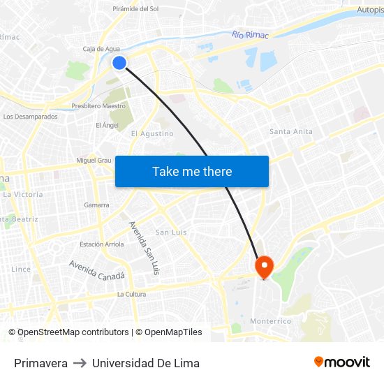 Primavera to Universidad De Lima map