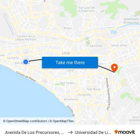 Avenida De Los Precursores, 317 to Universidad De Lima map